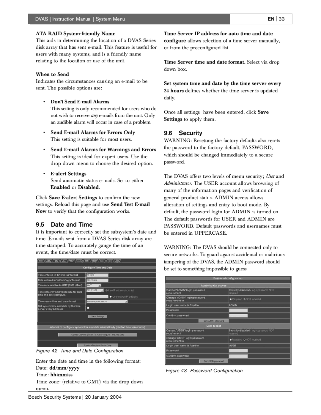 Bosch Appliances DVAS instruction manual Security, Date and Time 