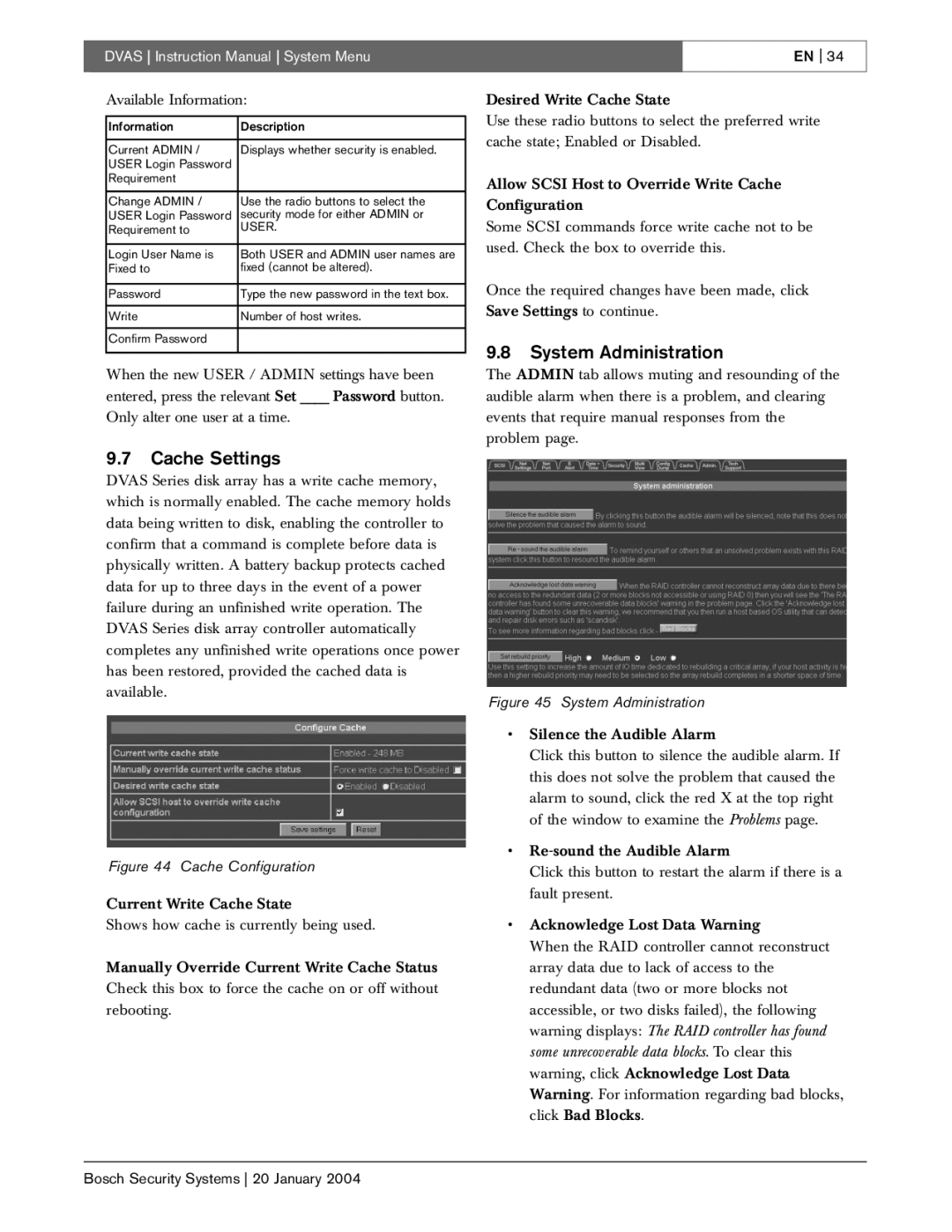 Bosch Appliances DVAS instruction manual Cache Settings, System Administration 