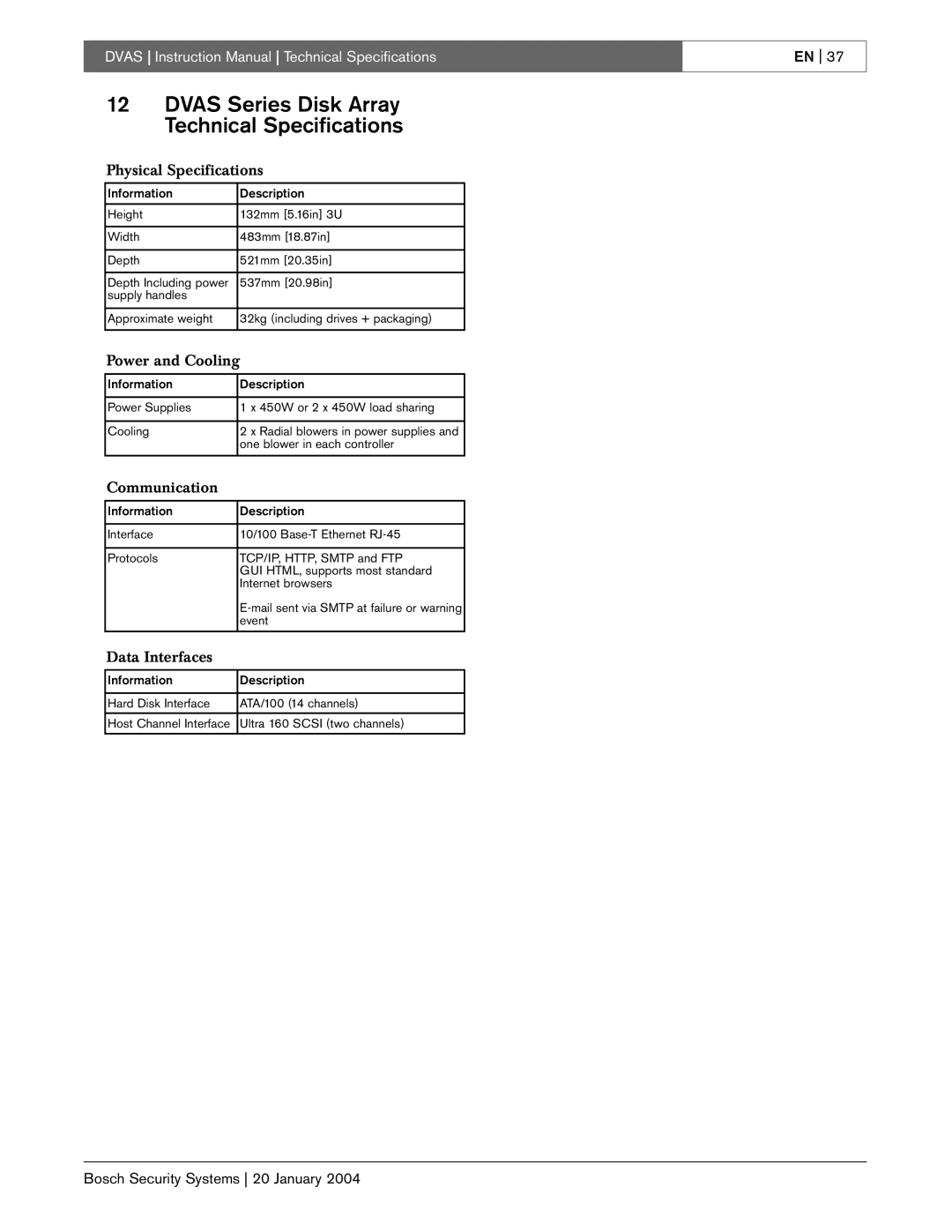 Bosch Appliances DVAS instruction manual Dvas Series Disk Array Technical Specifications, Physical Specifications 