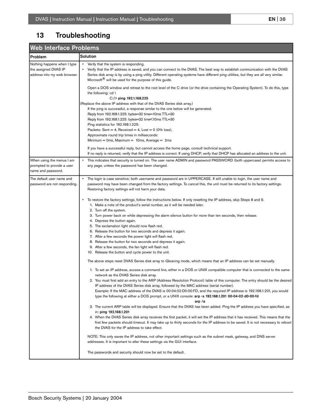 Bosch Appliances DVAS instruction manual Troubleshooting, Web Interface Problems 