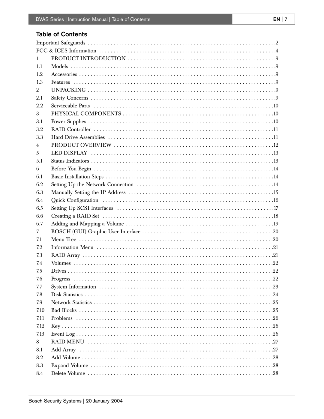 Bosch Appliances DVAS instruction manual Table of Contents 