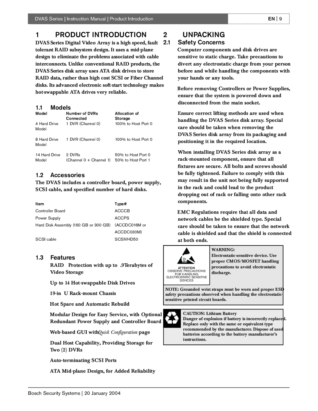 Bosch Appliances DVAS instruction manual Product Introduction, Unpacking 