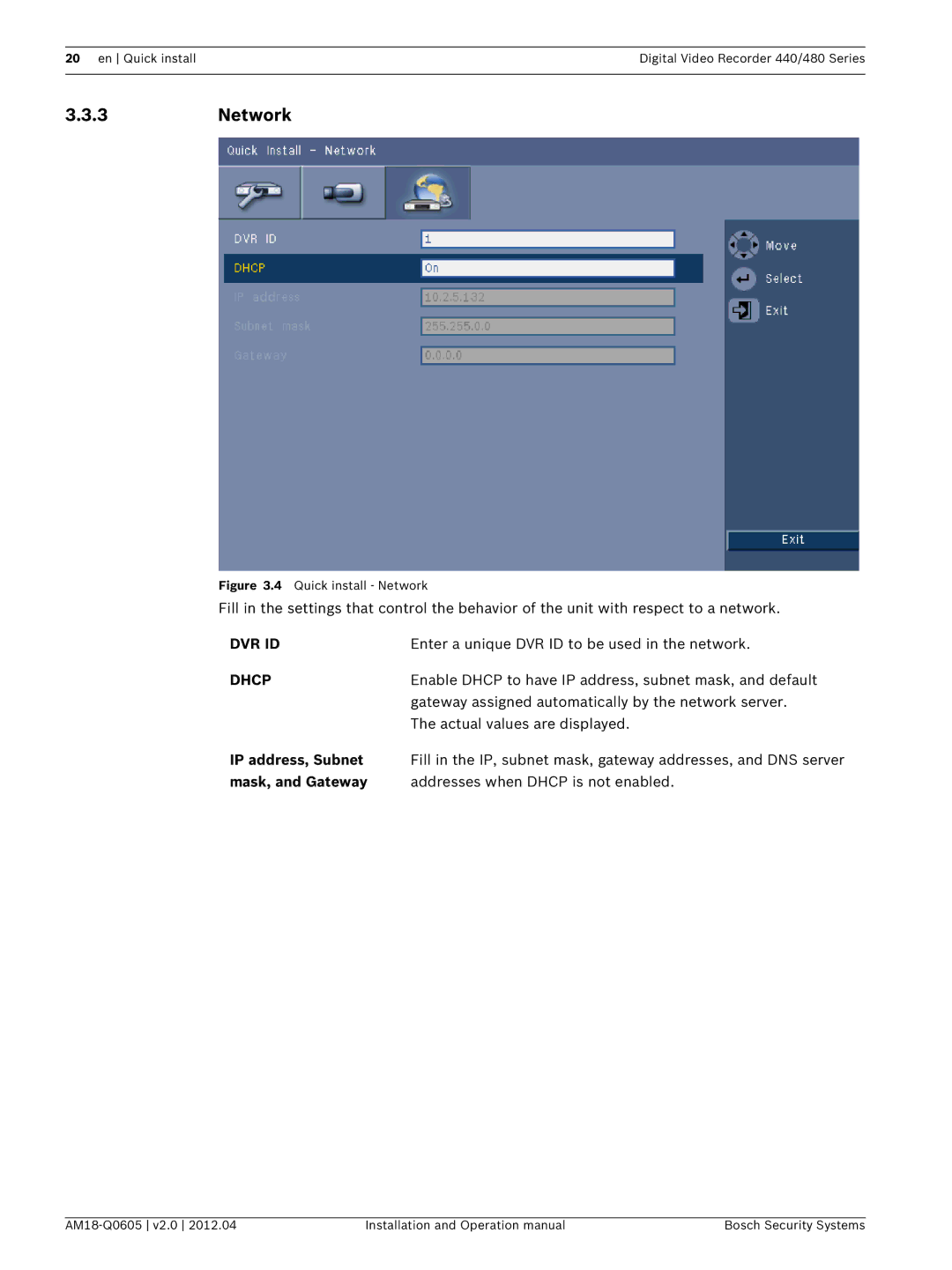 Bosch Appliances DVR 440, DVR 480 operation manual 3Network, IP address, Subnet, Mask, and Gateway 