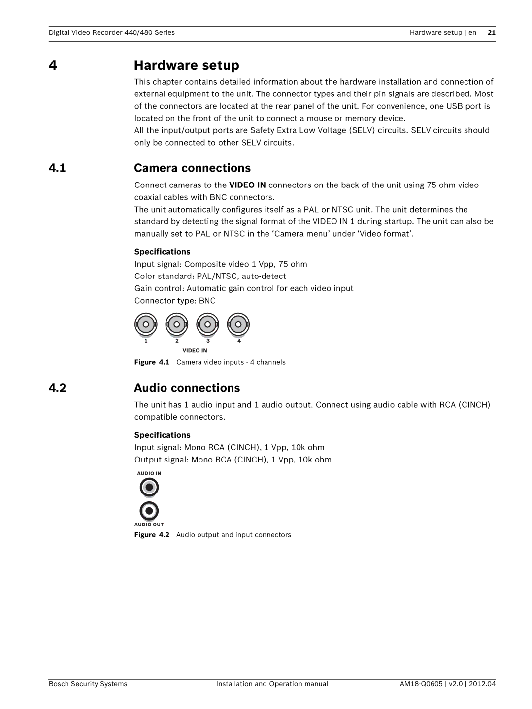 Bosch Appliances DVR 480, DVR 440 operation manual Hardware setup, Camera connections, Audio connections, Specifications 