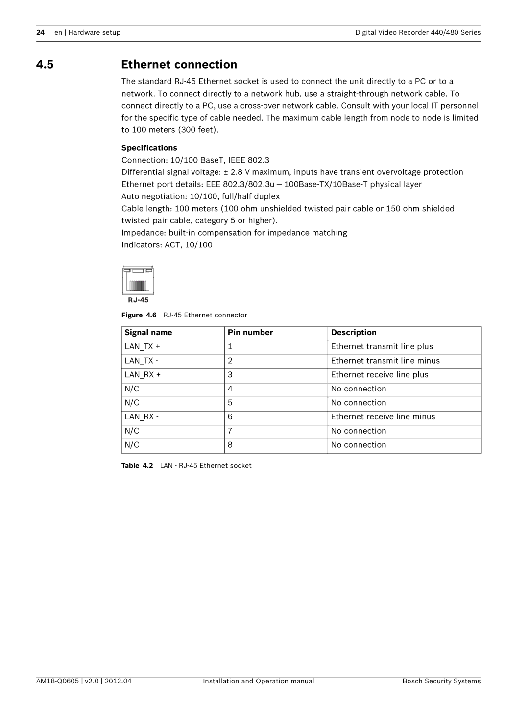 Bosch Appliances DVR 440, DVR 480 operation manual 5Ethernet connection, Lantx, Lanrx + 