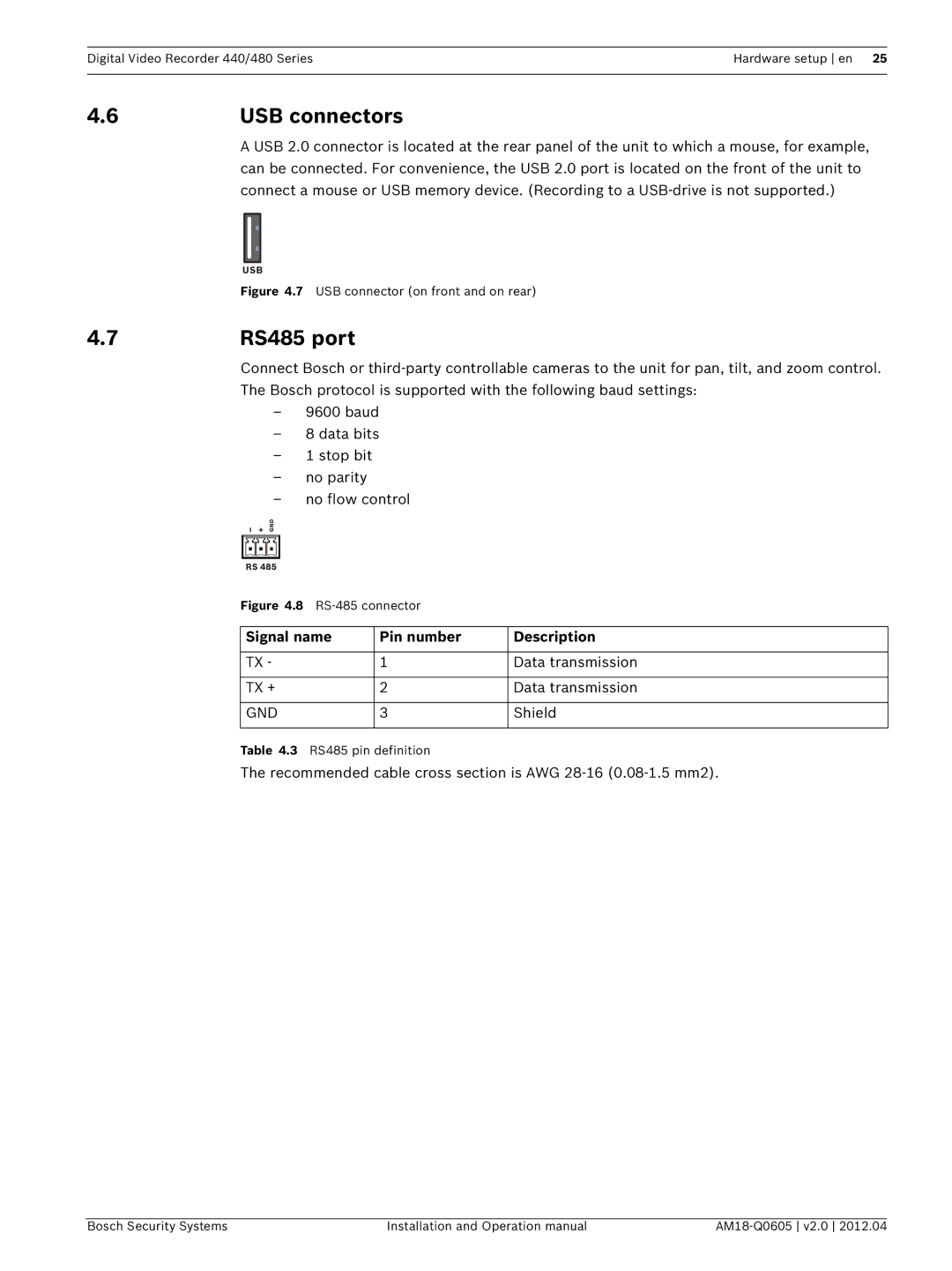 Bosch Appliances DVR 480, DVR 440 operation manual 6USB connectors, RS485 port, Gnd 