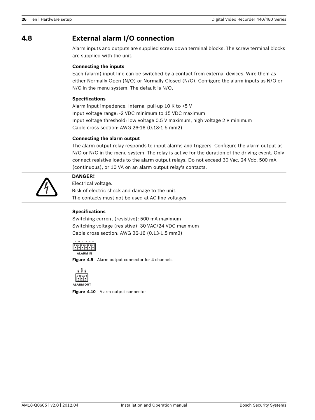 Bosch Appliances DVR 440, DVR 480 8External alarm I/O connection, Connecting the inputs, Connecting the alarm output 