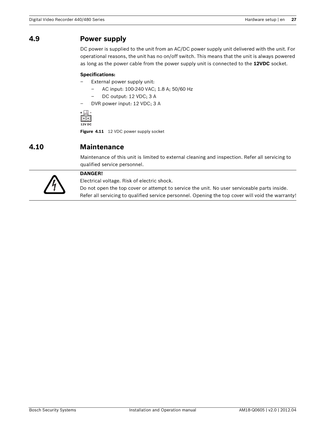 Bosch Appliances DVR 480, DVR 440 operation manual 9Power supply, 10Maintenance 