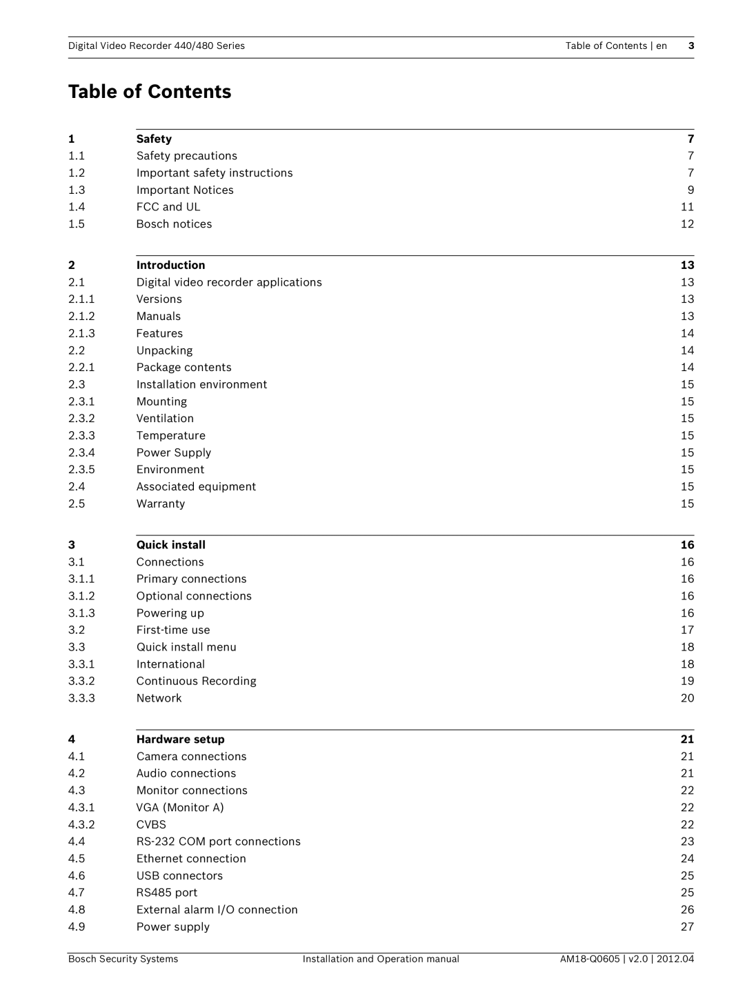 Bosch Appliances DVR 480, DVR 440 operation manual Table of Contents 