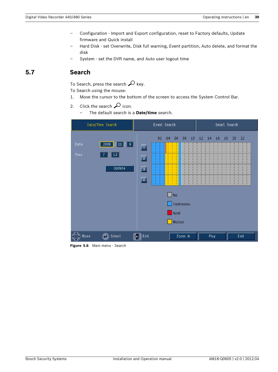 Bosch Appliances DVR 480, DVR 440 operation manual 7Search, Main menu Search Bosch Security Systems AM18-Q0605 v2.0 