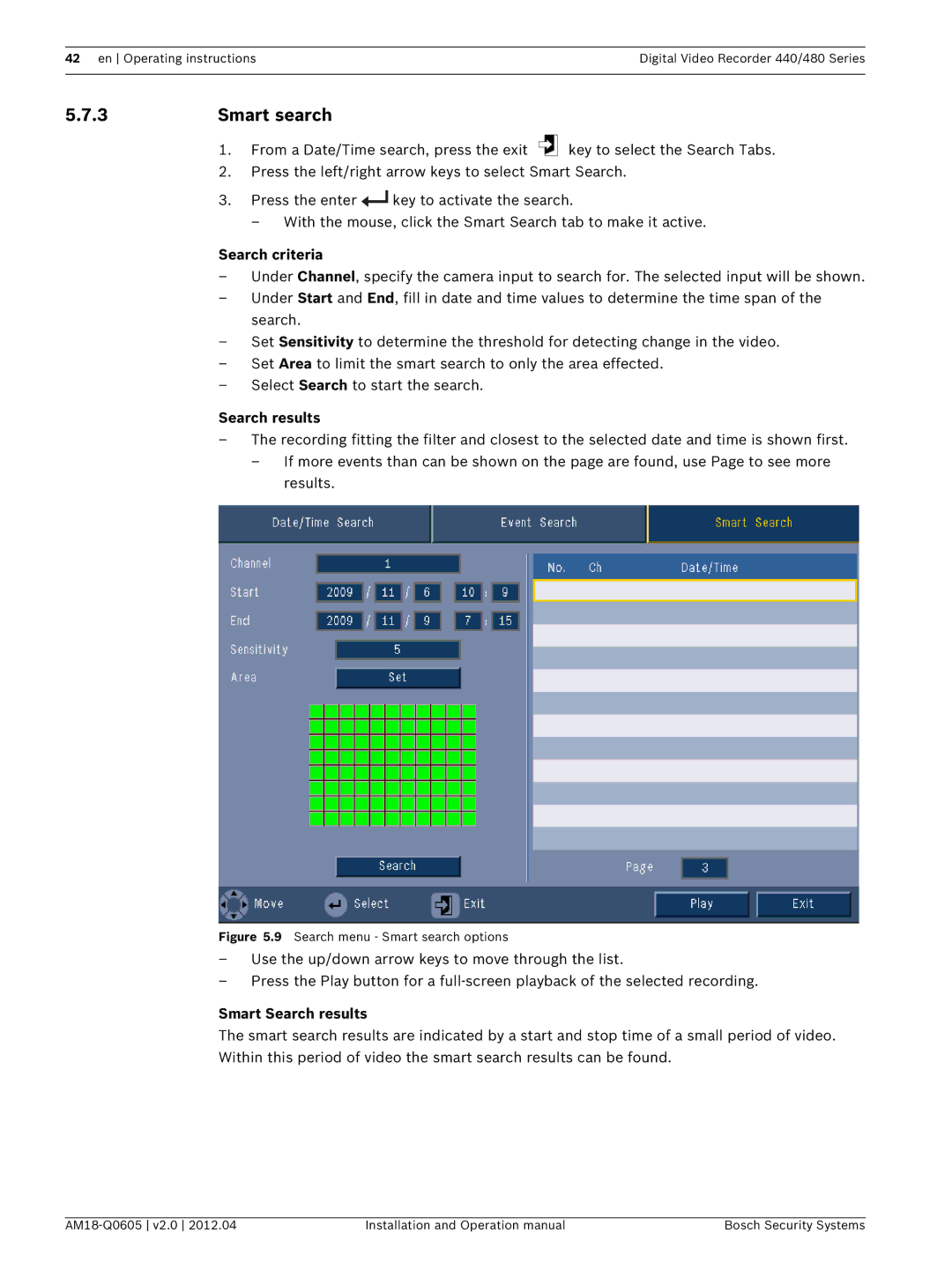 Bosch Appliances DVR 440, DVR 480 operation manual Smart search, Smart Search results 