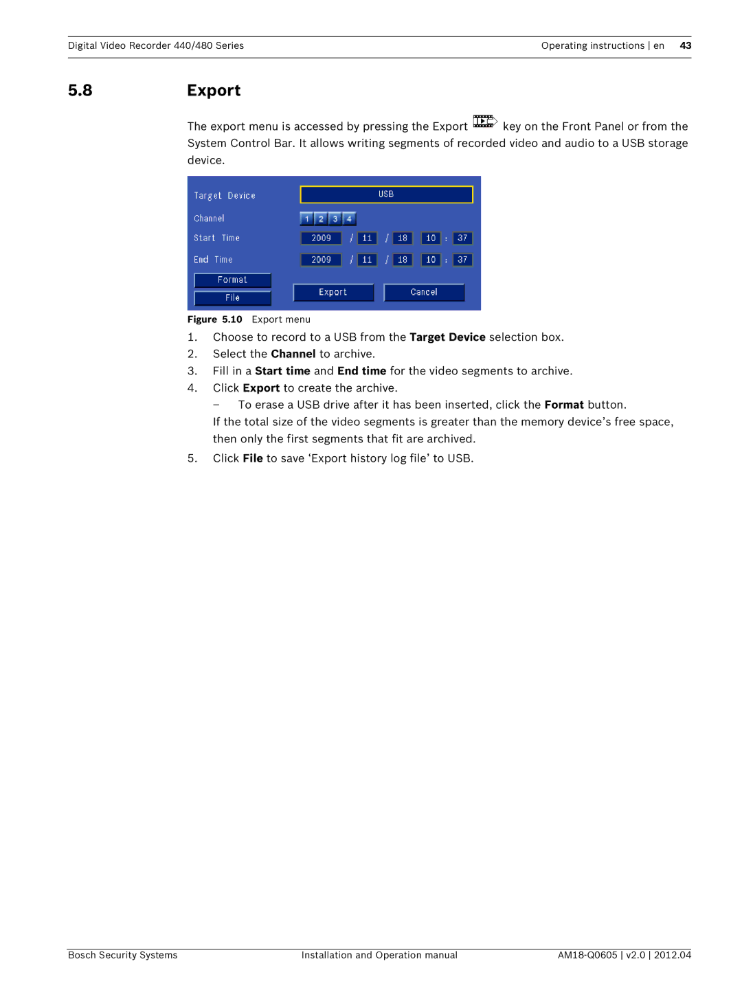 Bosch Appliances DVR 480, DVR 440 operation manual 8Export, Export menu 