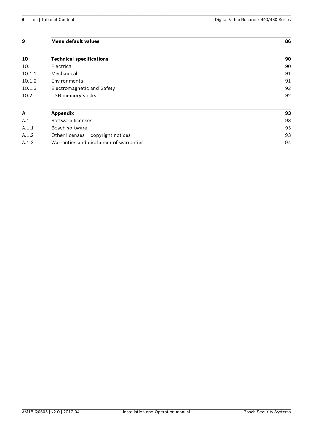 Bosch Appliances DVR 440, DVR 480 operation manual Menu default values Technical specifications, Appendix 