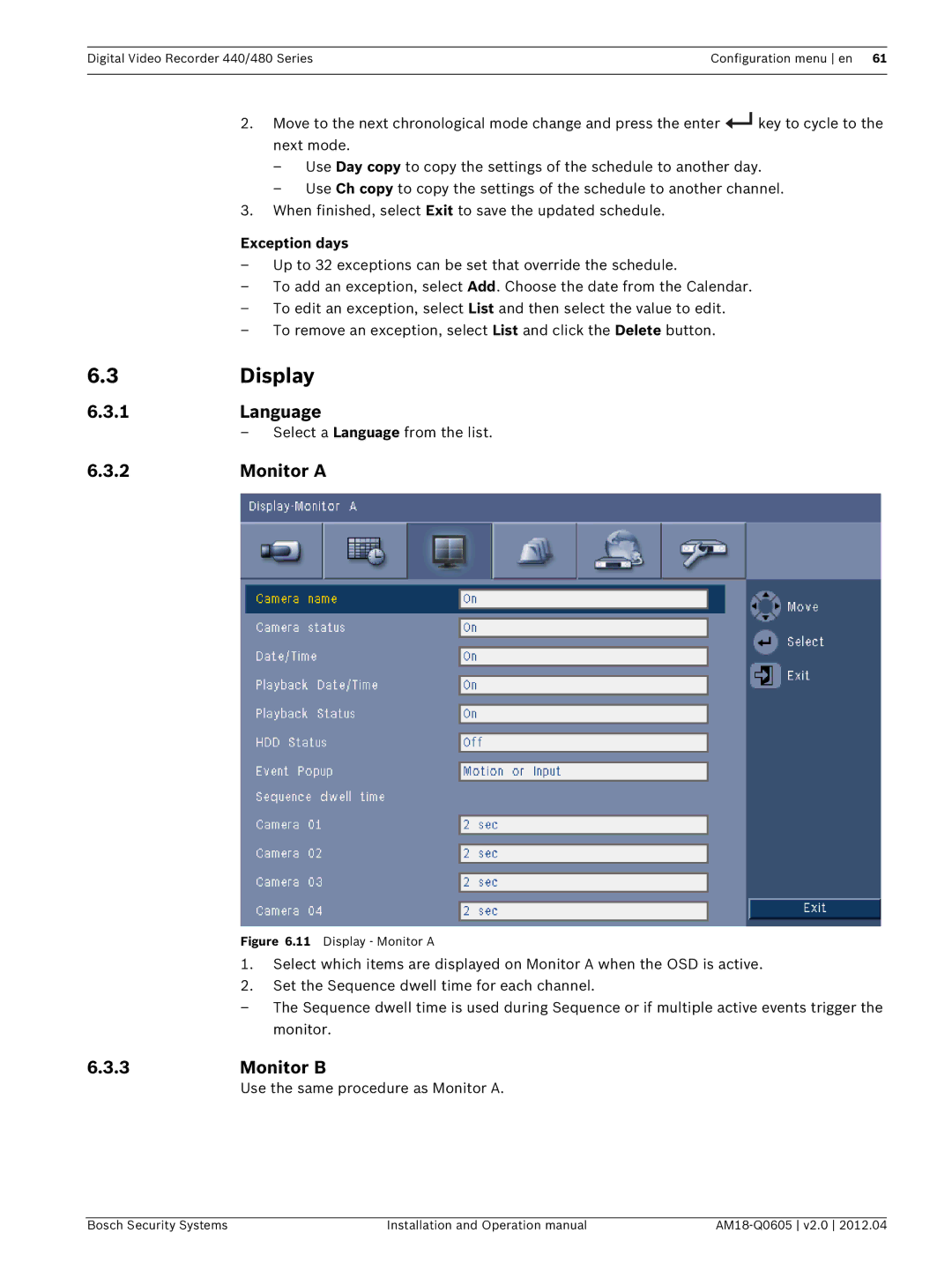 Bosch Appliances DVR 480, DVR 440 operation manual 3Display, 1Language, Exception days, Select a Language from the list 