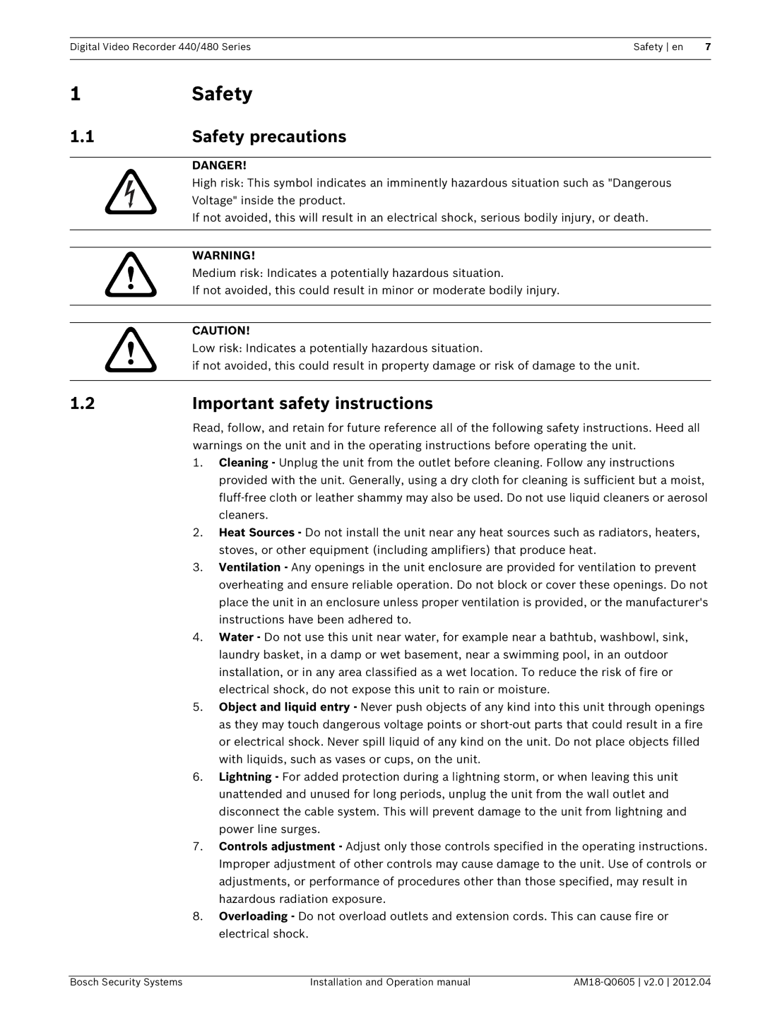 Bosch Appliances DVR 480, DVR 440 operation manual 1Safety, Safety precautions, Important safety instructions 