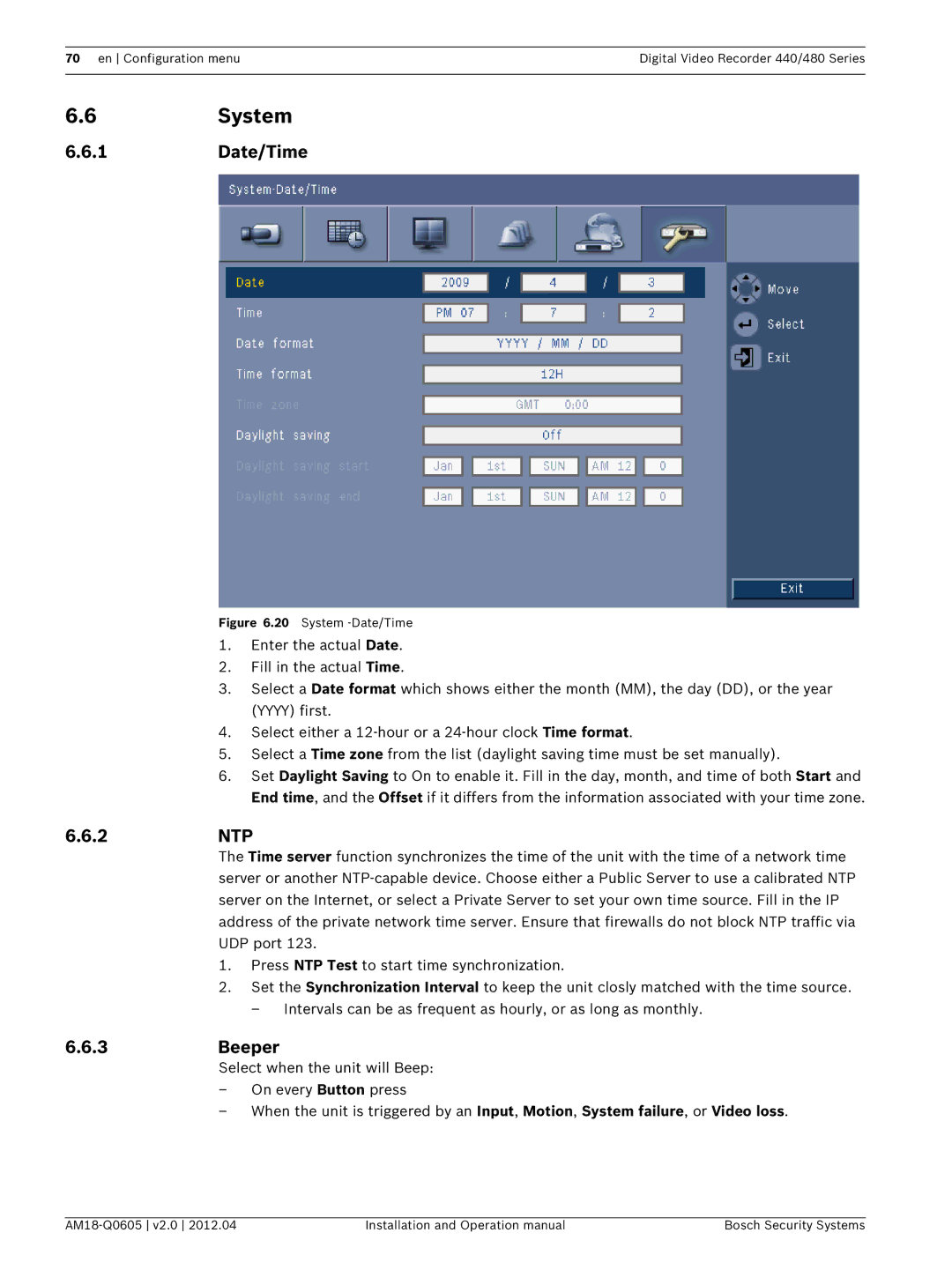 Bosch Appliances DVR 440, DVR 480 operation manual 6System, 1Date/Time, 2NTP, 3Beeper 