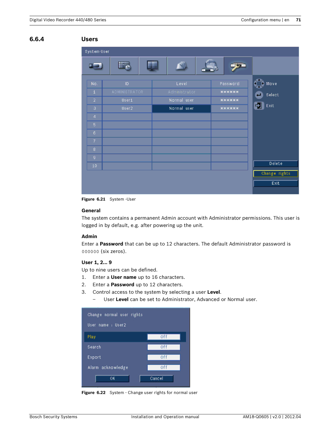 Bosch Appliances DVR 480, DVR 440 operation manual 4Users, General, Admin, User 1, 2 