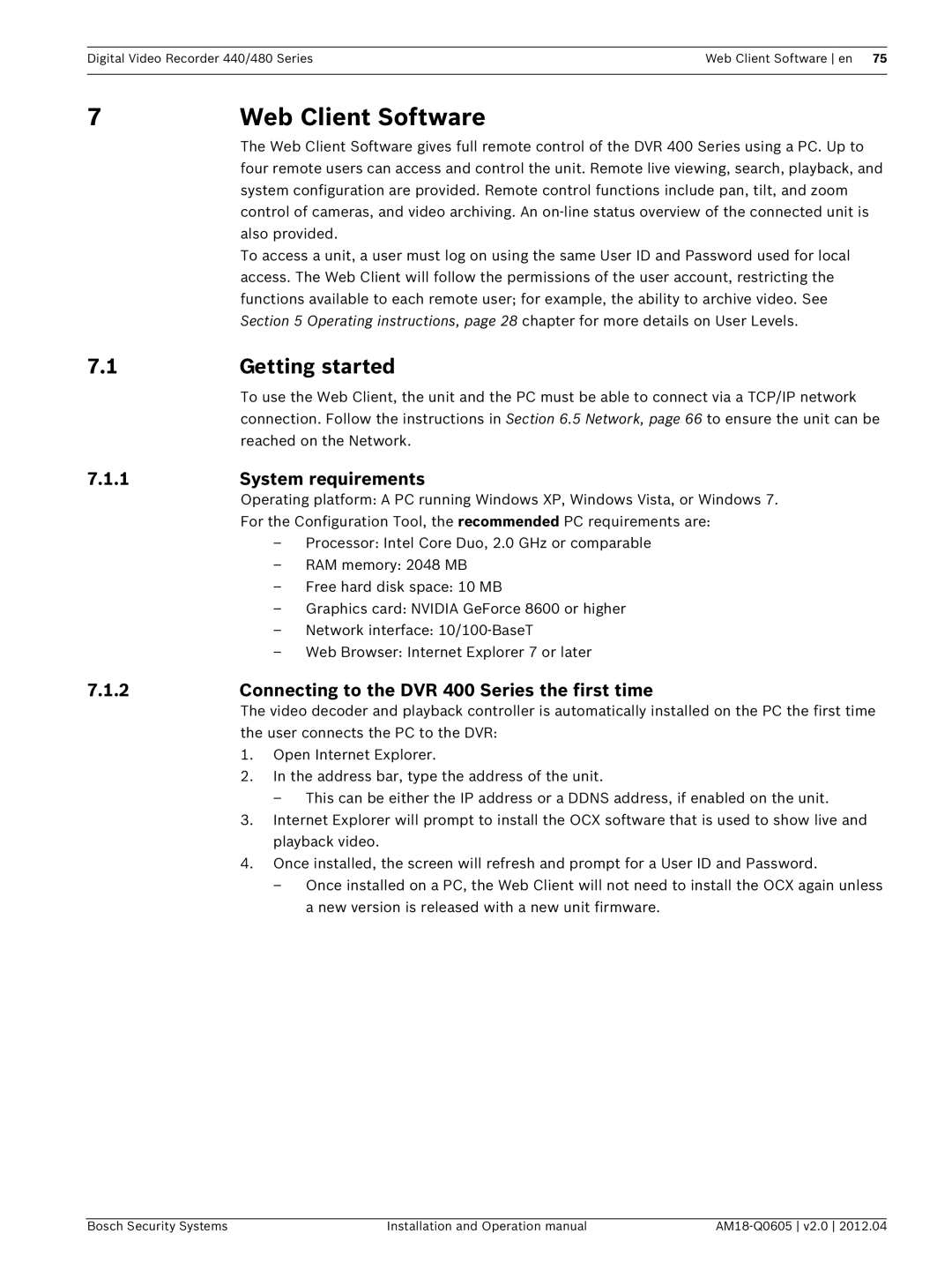 Bosch Appliances DVR 480, DVR 440 operation manual Web Client Software, Getting started, System requirements 