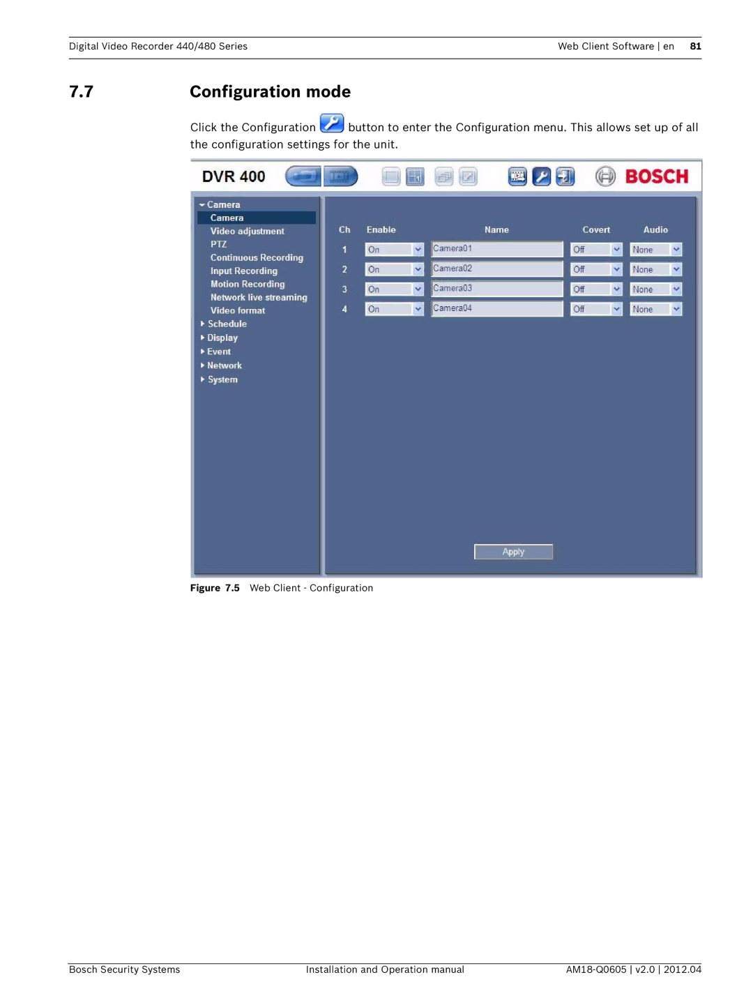 Bosch Appliances DVR 480, DVR 440 operation manual Configuration mode 