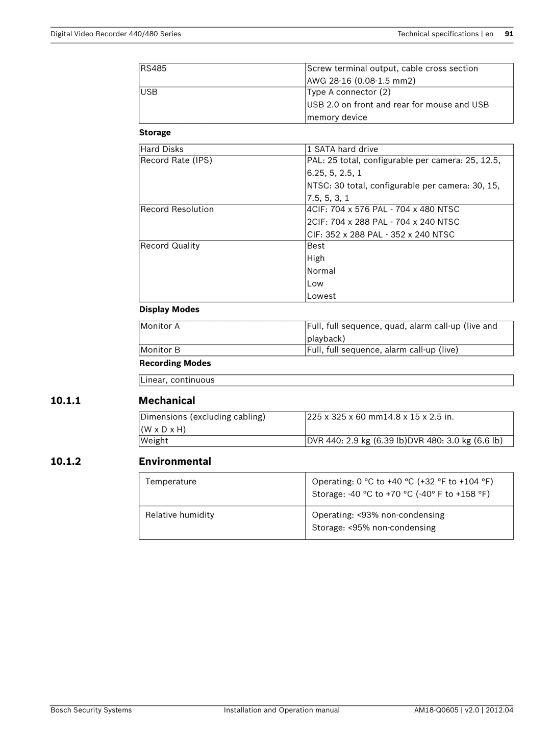 Bosch Appliances DVR 480, DVR 440 operation manual Mechanical, Environmental, Storage, Display Modes, Recording Modes 