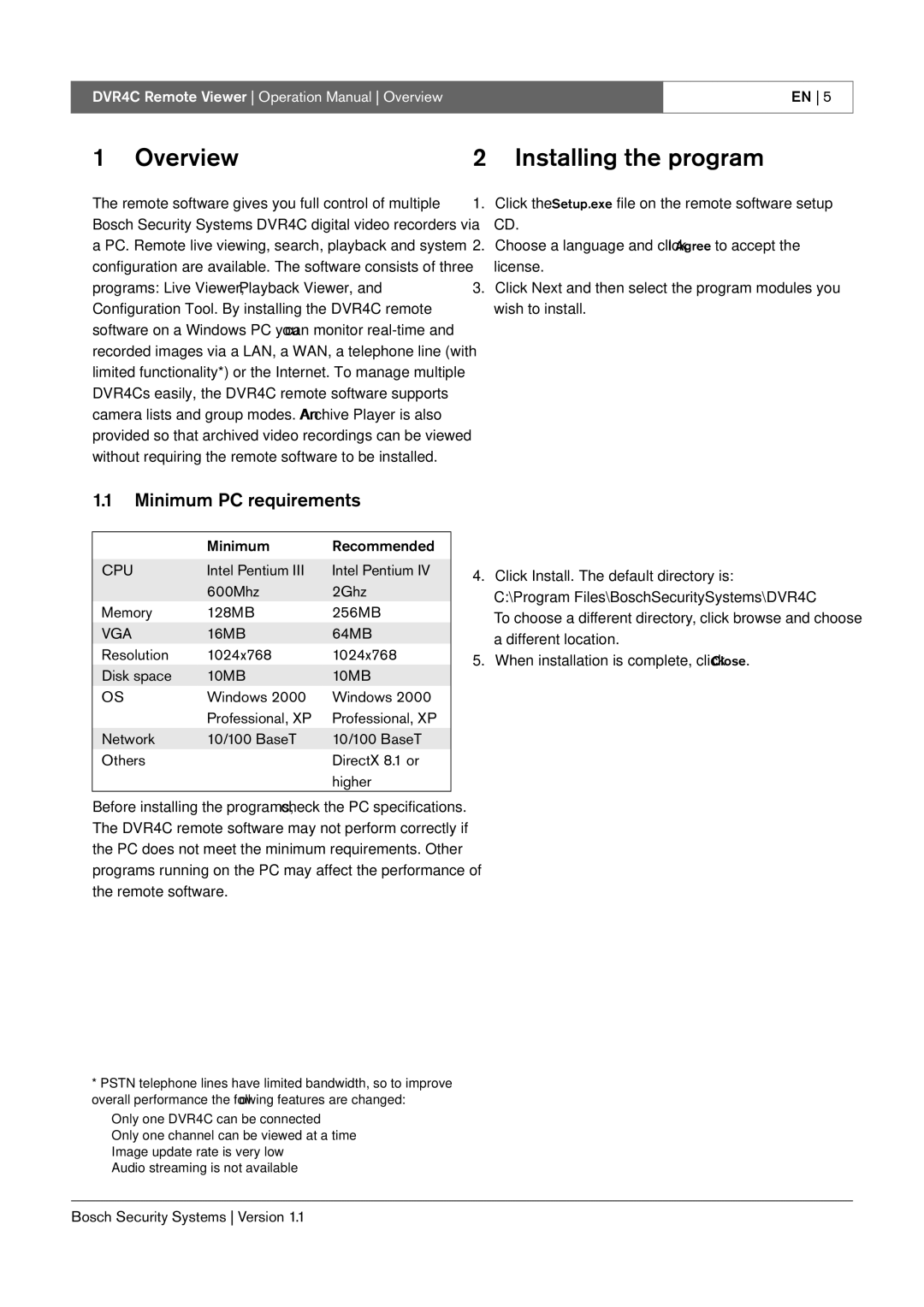 Bosch Appliances DVR4C operation manual Overview Installing the program, Minimum PC requirements, Minimum Recommended 