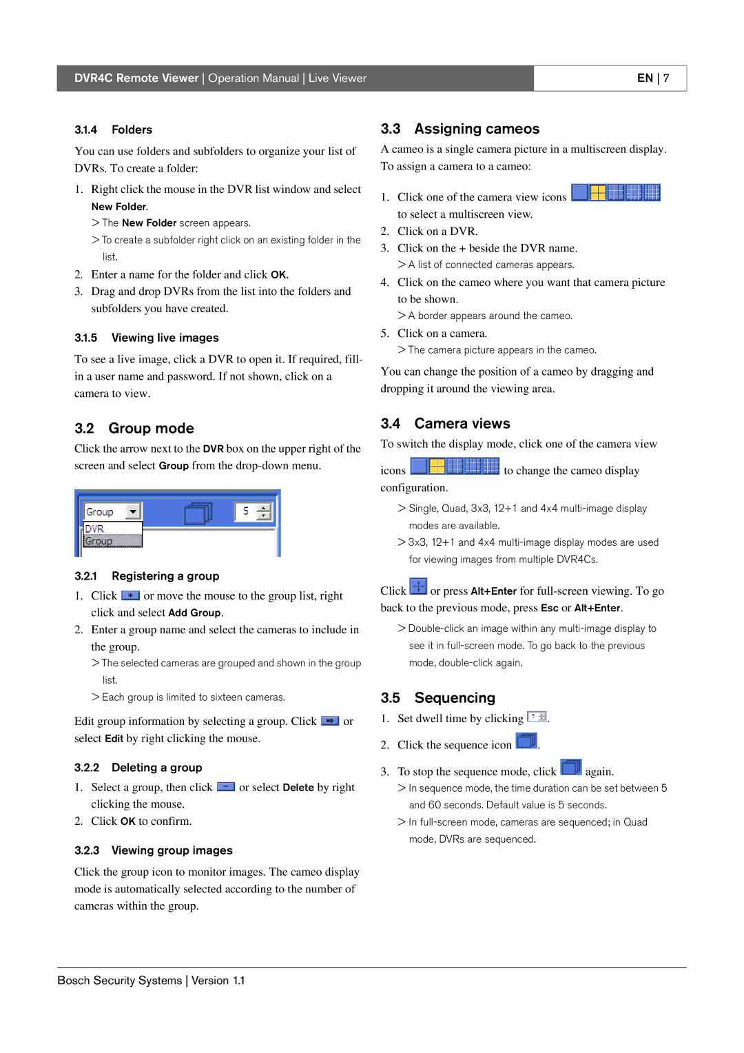 Bosch Appliances DVR4C operation manual Assigning cameos, Group mode, Camera views, Sequencing 