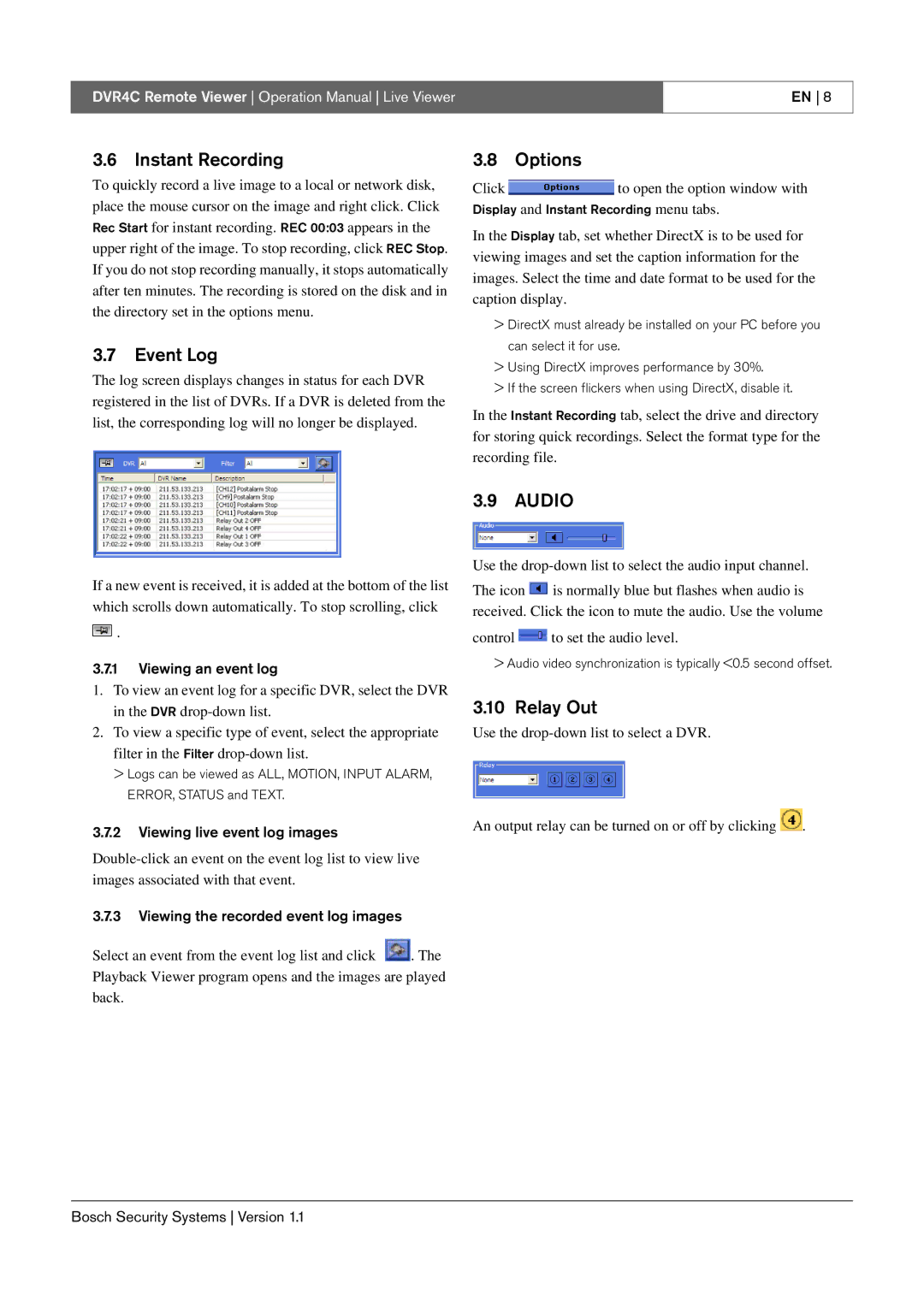 Bosch Appliances DVR4C operation manual Instant Recording, Event Log, Options, Relay Out 