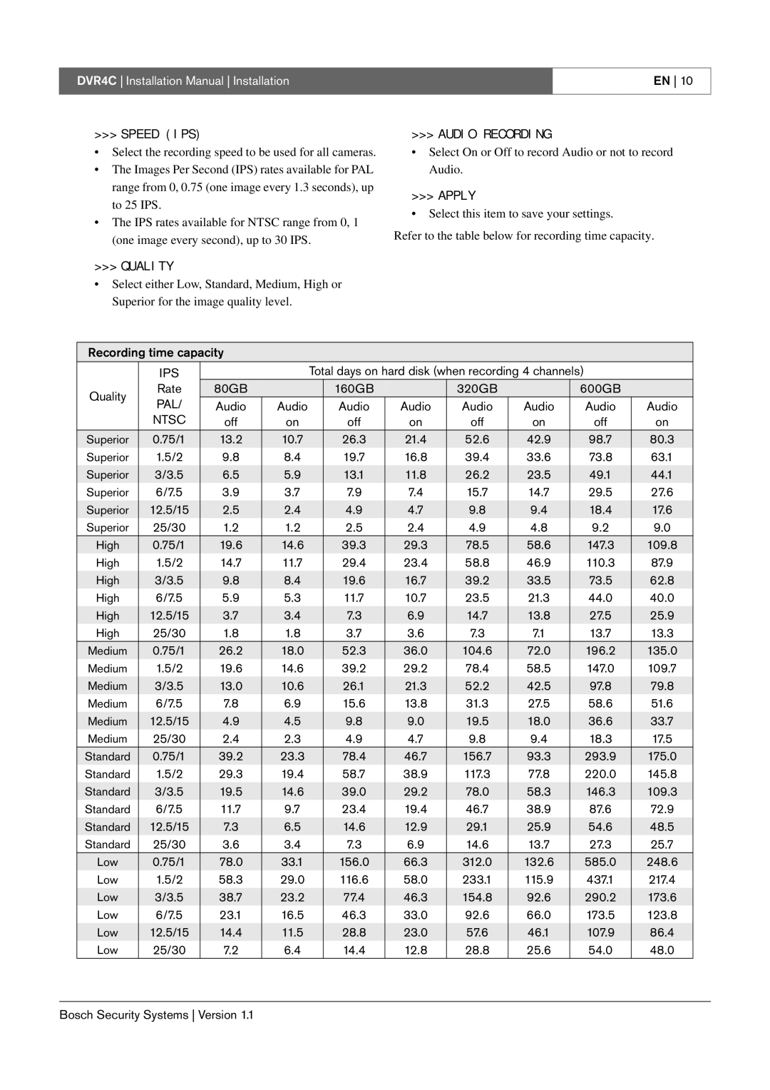 Bosch Appliances DVR4C installation manual Speed IPS, Quality, Audio Recording 