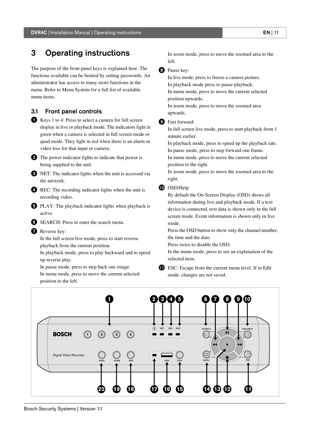 Bosch Appliances DVR4C installation manual Operating instructions, Front panel controls 