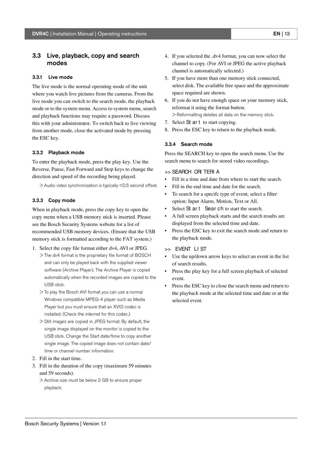 Bosch Appliances DVR4C installation manual Live, playback, copy and search modes, Search Criteria, Event List 