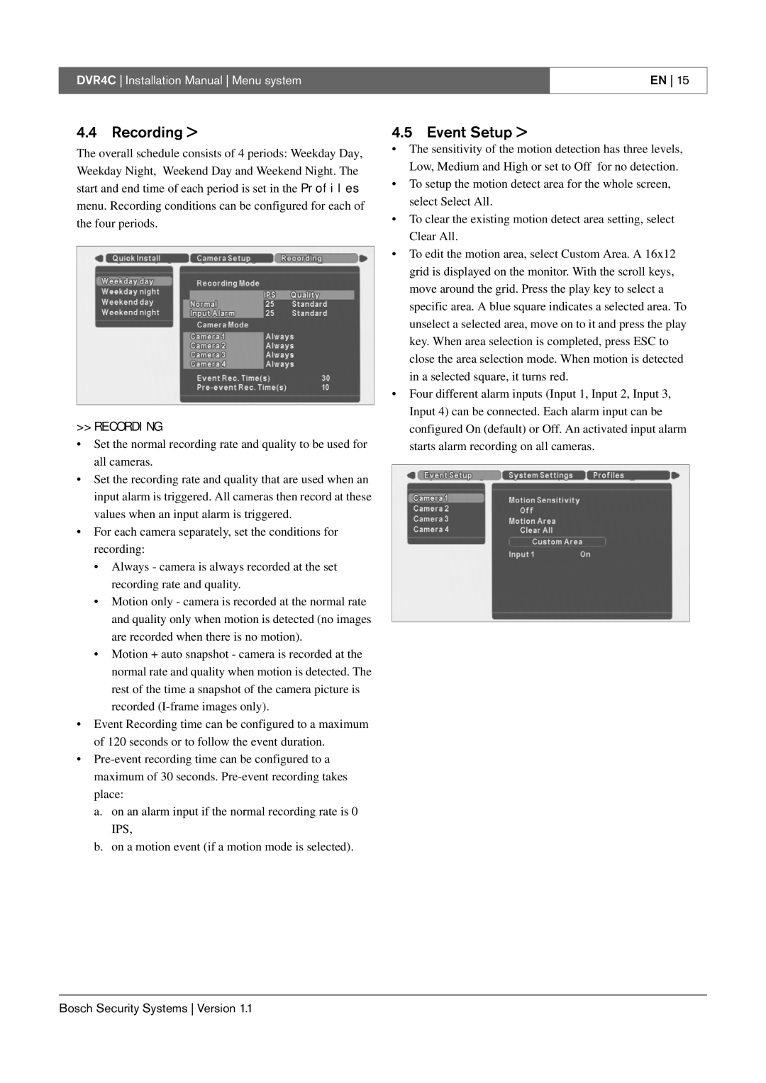 Bosch Appliances DVR4C installation manual Recording, Event Setup 