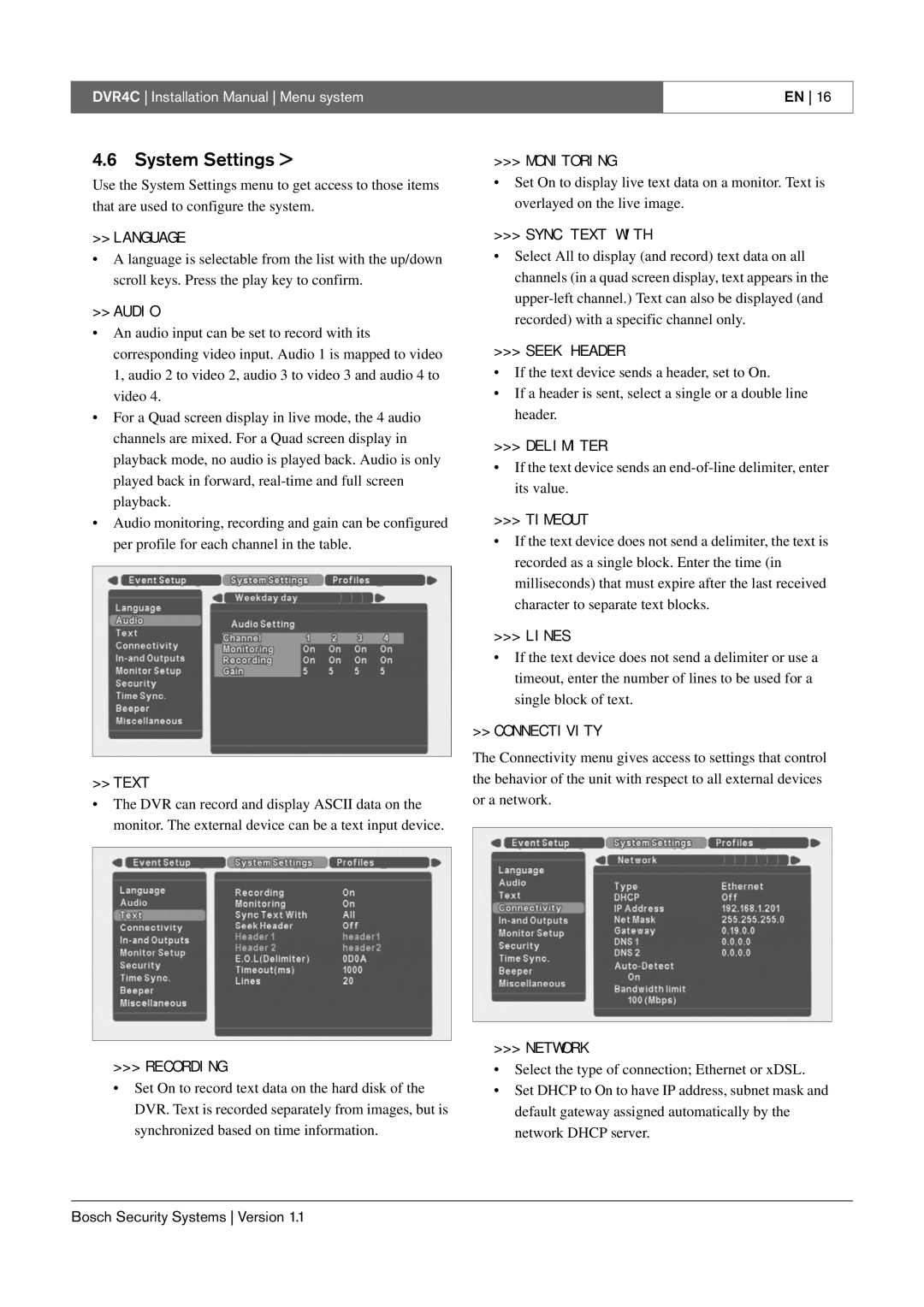 Bosch Appliances DVR4C installation manual System Settings 