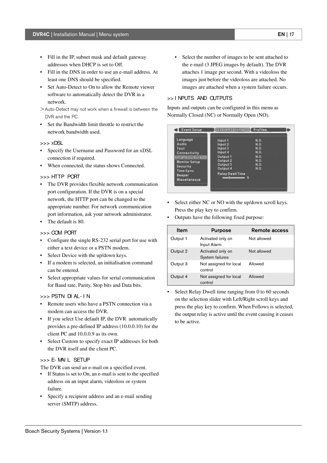 Bosch Appliances DVR4C installation manual Http Port, COM Port, Pstn DIAL-IN, Mail Setup, Inputs and Outputs 