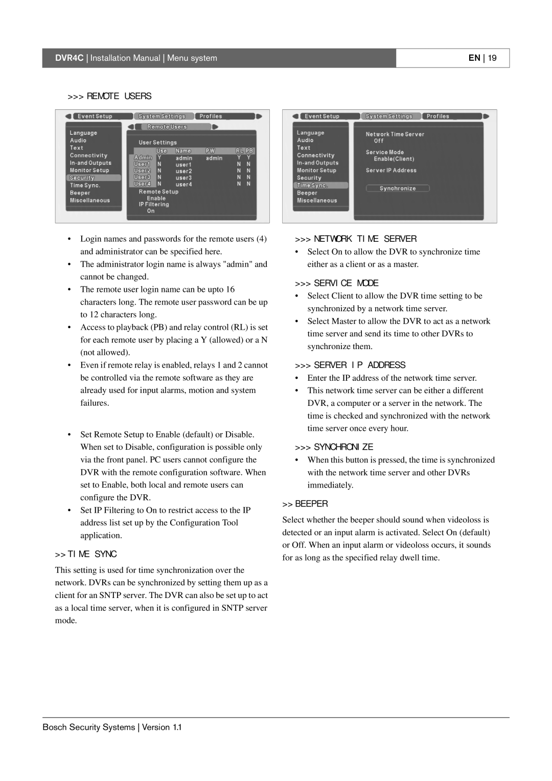 Bosch Appliances DVR4C Remote Users, Time Sync, Network Time Server, Service Mode, Server IP Address, Synchronize, Beeper 