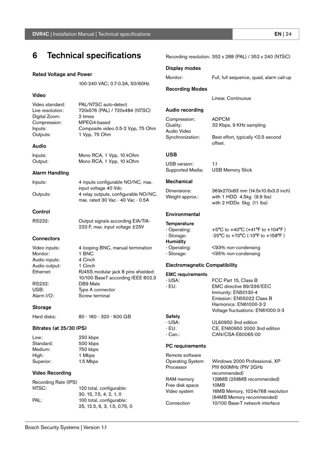 Bosch Appliances DVR4C installation manual Technical specifications 