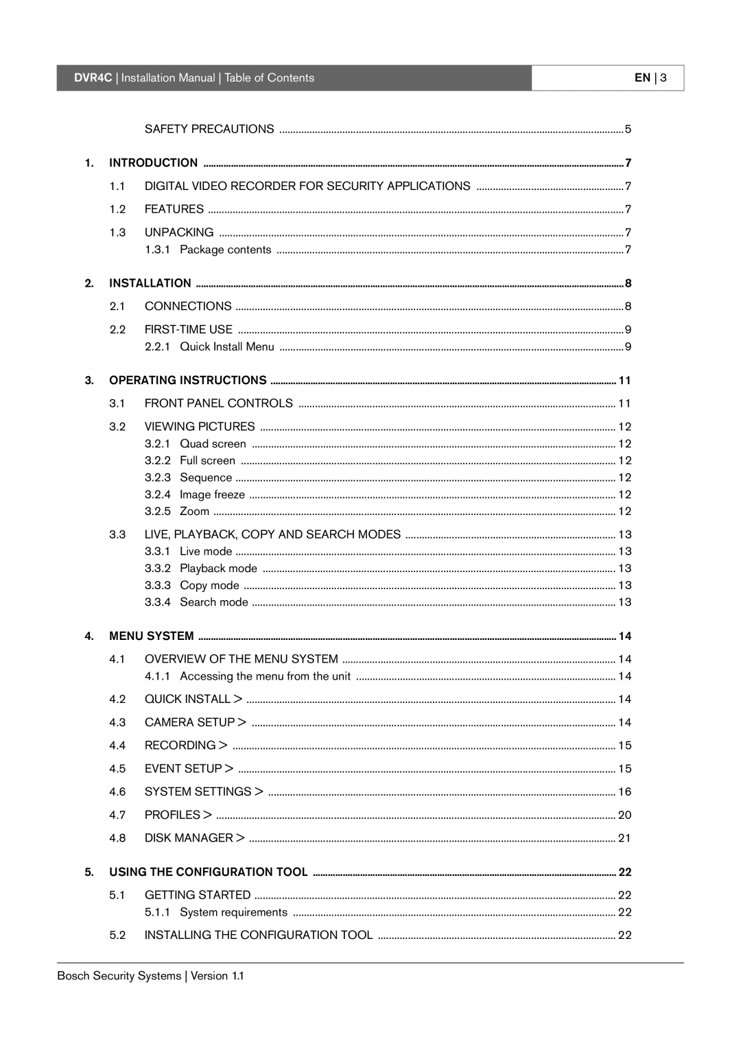 Bosch Appliances installation manual DVR4C Installation Manual Table of Contents 