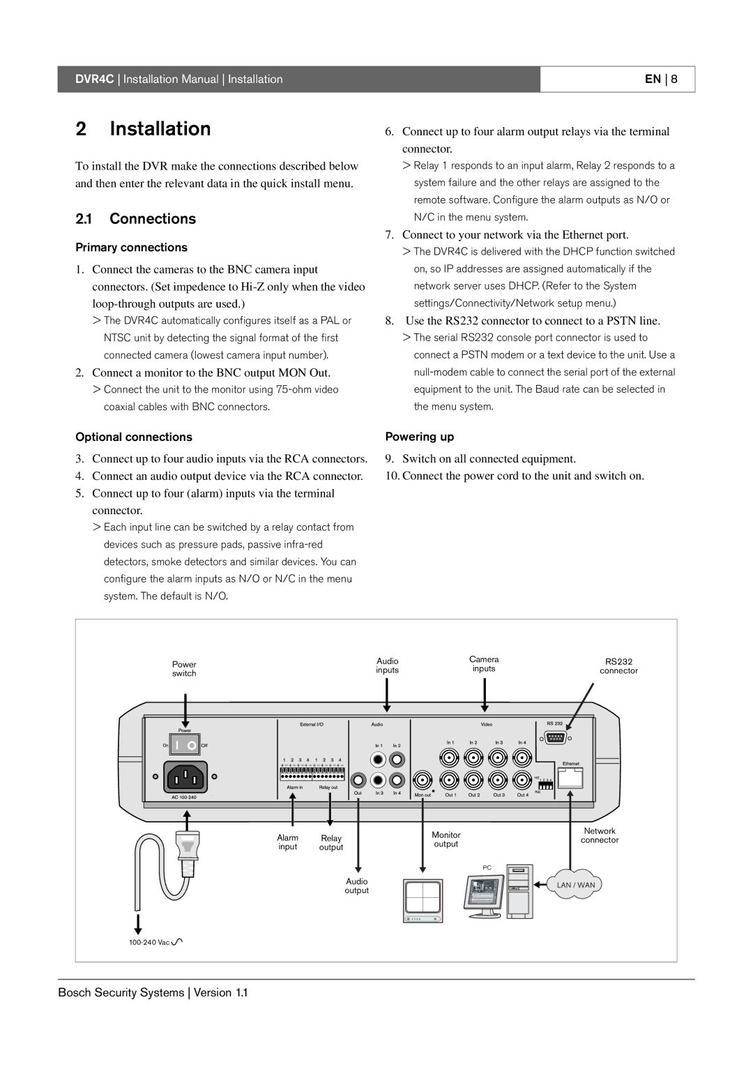 Bosch Appliances DVR4C Installation, Connections, Primary connections, Optional connections, Powering up 