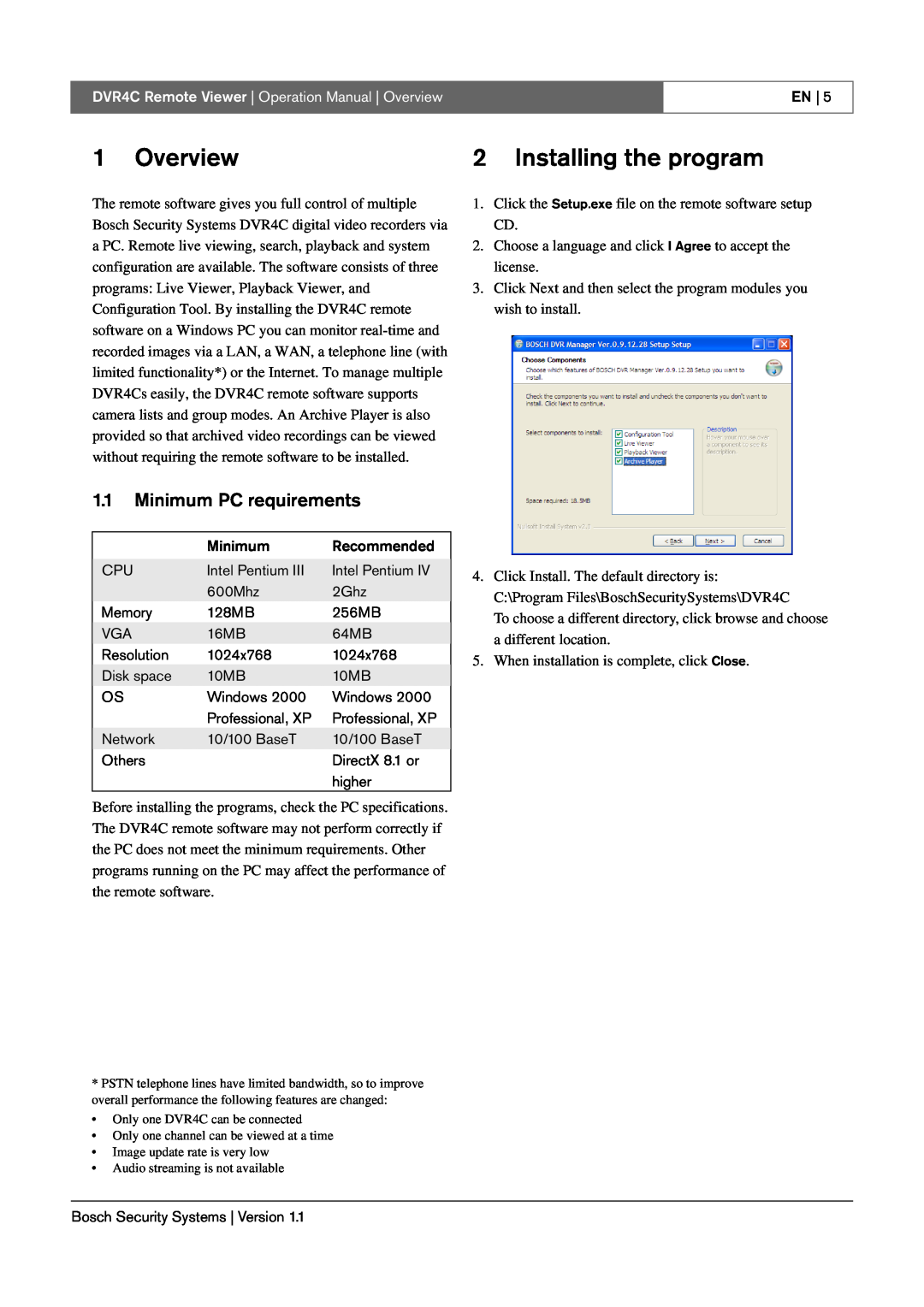 Bosch Appliances DVR4C operation manual Overview, Installing the program, 1.1Minimum PC requirements 