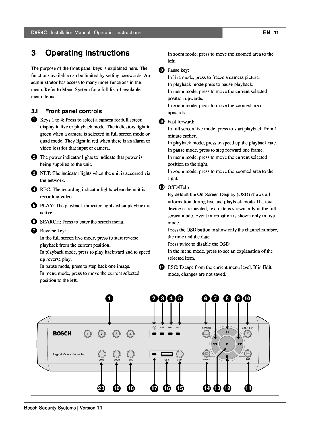 Bosch Appliances DVR4C installation manual 3Operating instructions, 3.1Front panel controls 