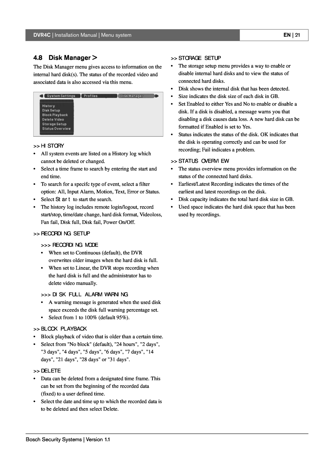 Bosch Appliances installation manual Disk Manager >, DVR4C | Installation Manual | Menu system 