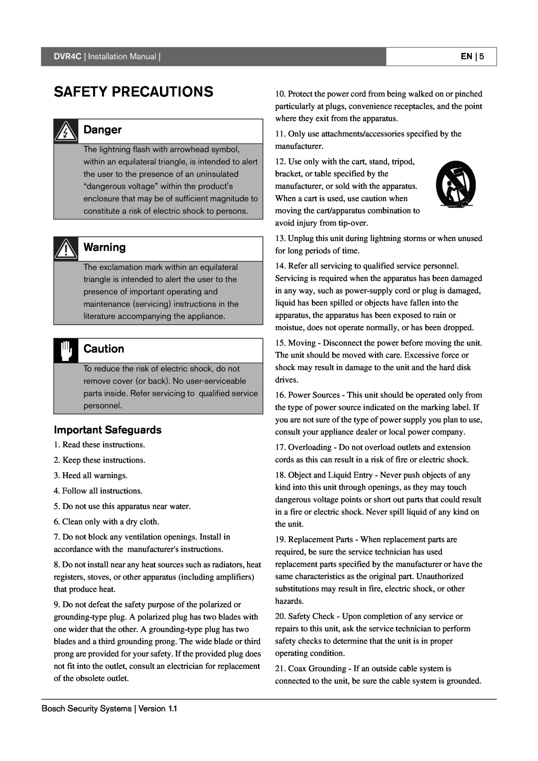 Bosch Appliances installation manual Safety Precautions, Danger, Important Safeguards, DVR4C | Installation Manual 