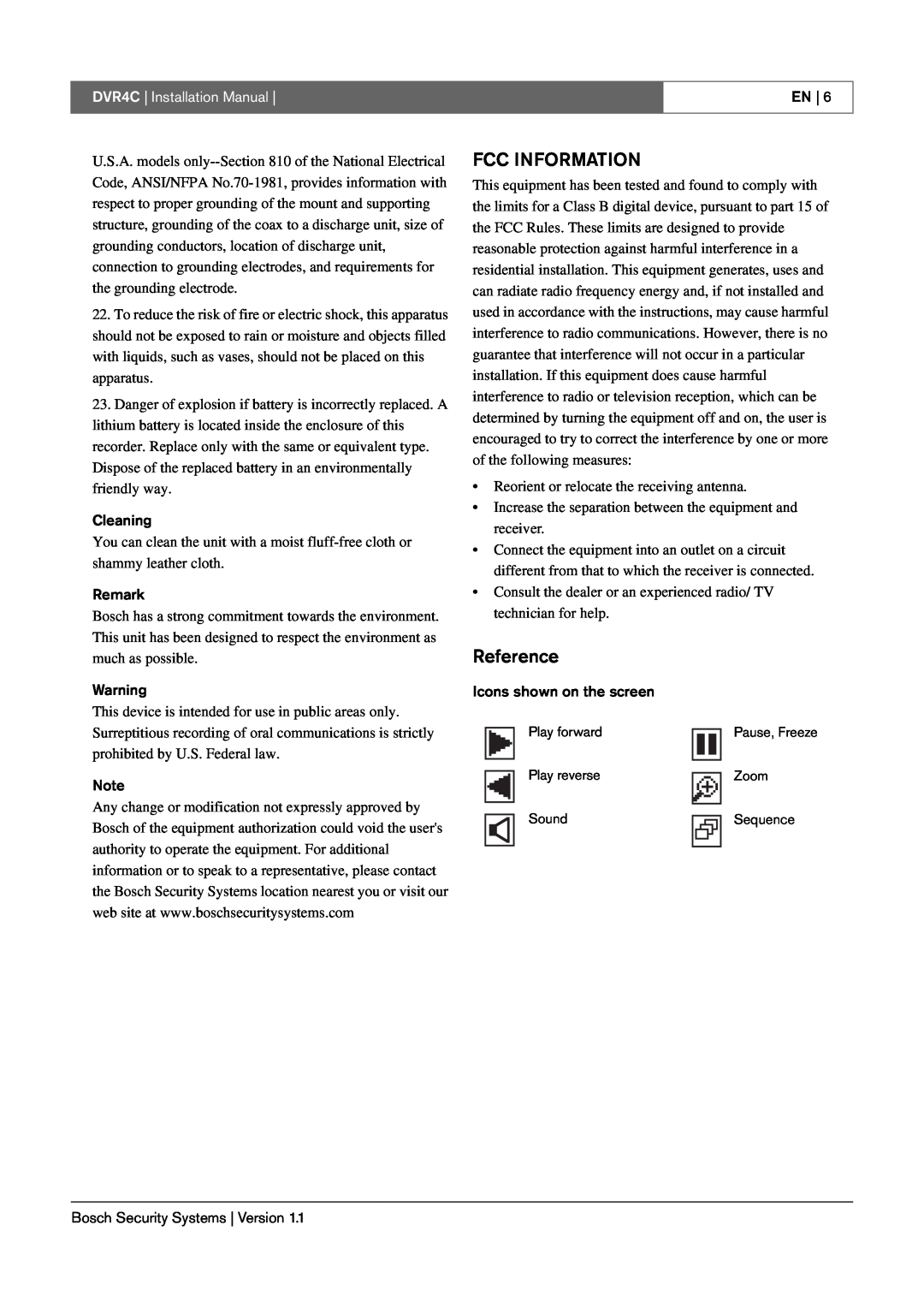Bosch Appliances installation manual Fcc Information, Reference, DVR4C | Installation Manual, En, Cleaning, Remark 