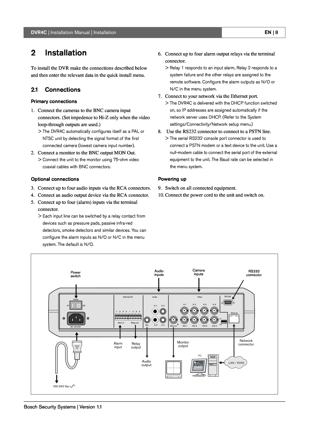 Bosch Appliances installation manual 2Installation, 2.1Connections, DVR4C | Installation Manual | Installation 