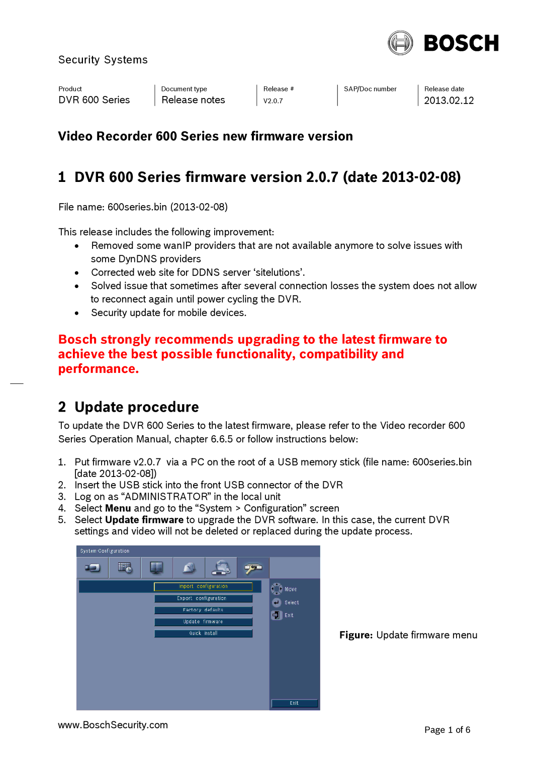 Bosch Appliances DVR600 operation manual DVR 600 Series firmware version 2.0.7 date, Update procedure 