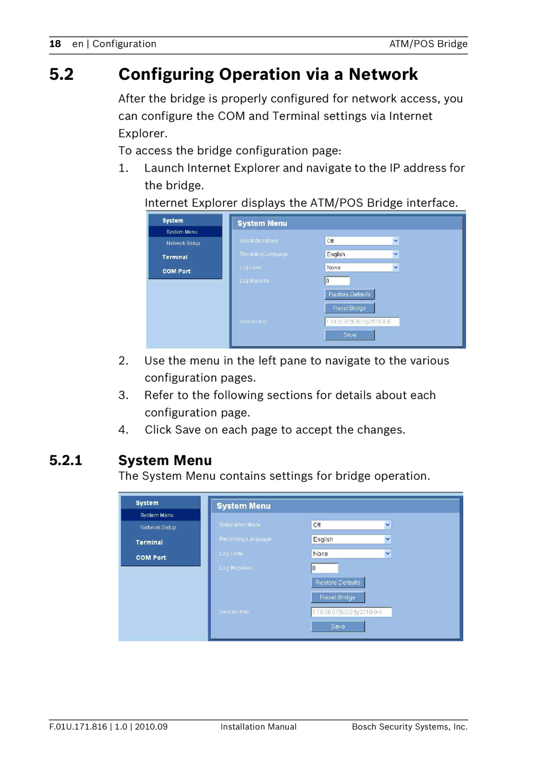 Bosch Appliances DVRXEAP01 installation manual Configuring Operation via a Network, System Menu 