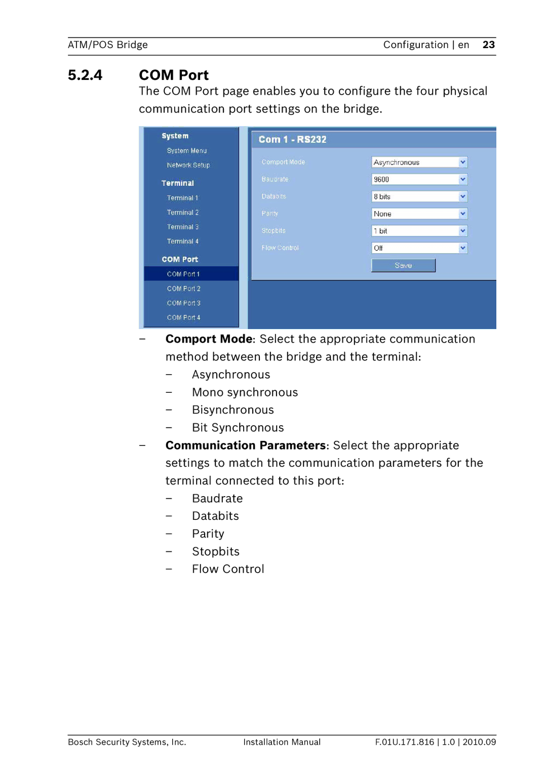 Bosch Appliances DVRXEAP01 installation manual COM Port 