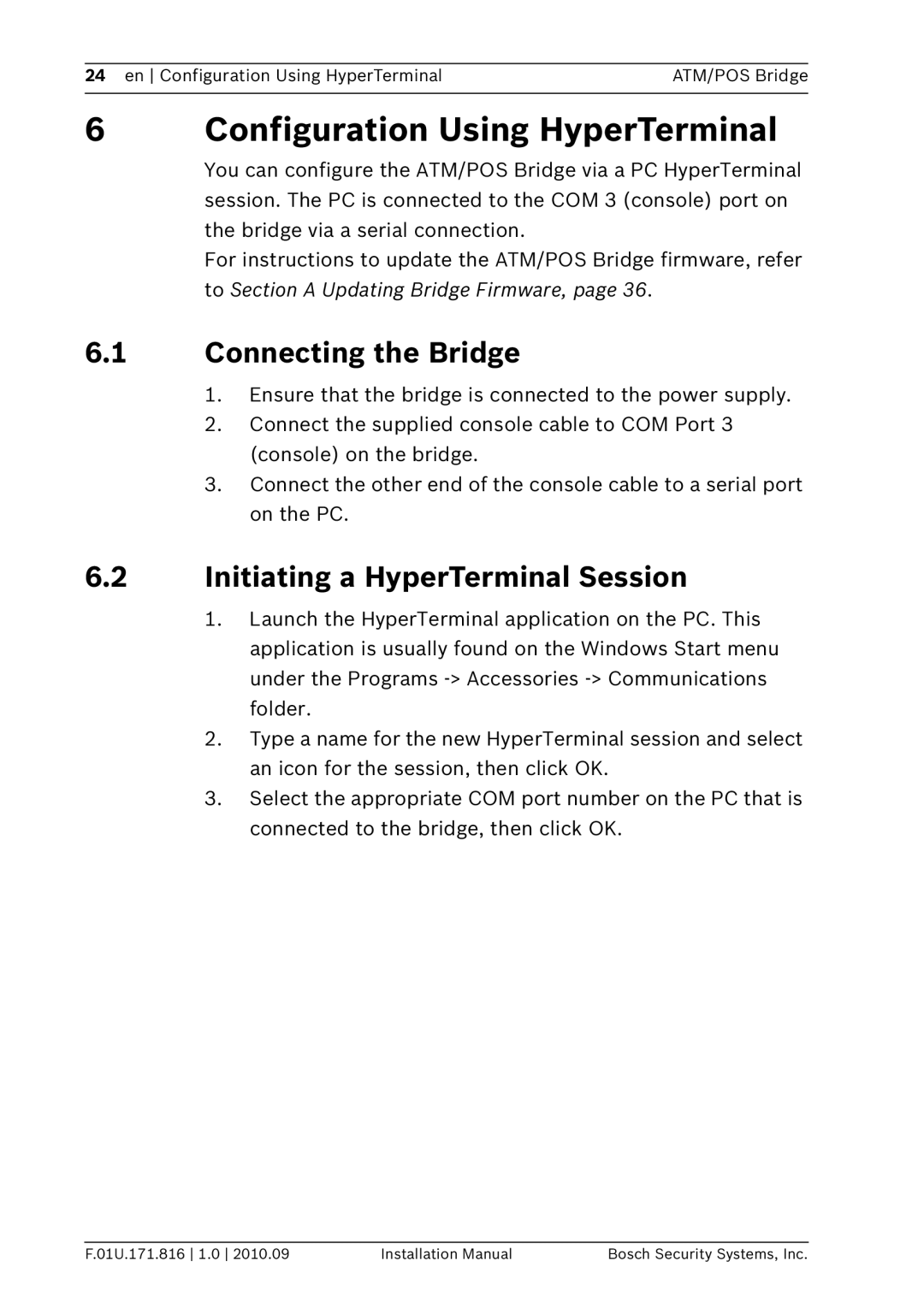 Bosch Appliances DVRXEAP01 Configuration Using HyperTerminal, Connecting the Bridge, Initiating a HyperTerminal Session 