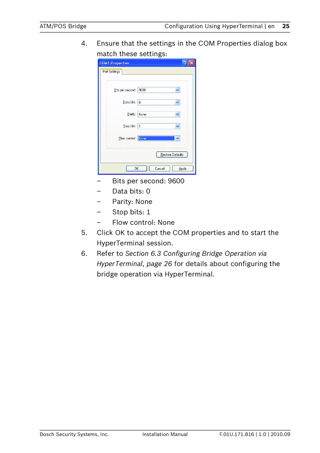 Bosch Appliances DVRXEAP01 installation manual ATM/POS Bridge Configuration Using HyperTerminal en 