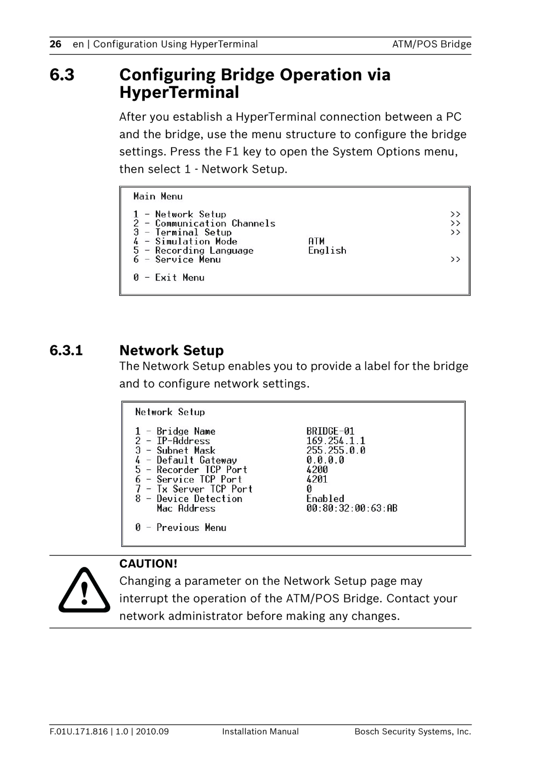 Bosch Appliances DVRXEAP01 installation manual Configuring Bridge Operation via HyperTerminal, Network Setup 