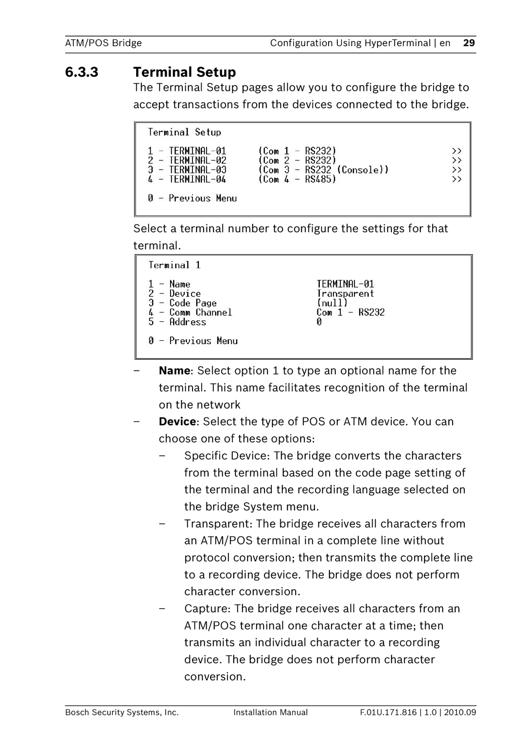 Bosch Appliances DVRXEAP01 installation manual Terminal Setup 